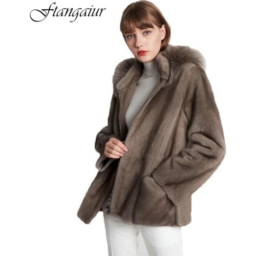 Ftangaiur 2019 Winter Import Velvet Mink Fur Coat With Fox Fur Hood Solid Mink Coat Womens Short Natural Real Mink Fur Coats