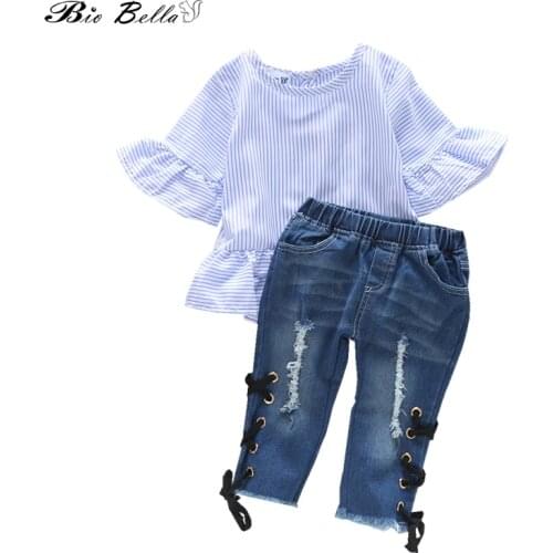 2020 Fashion Girl Clothes set Stripe Ruffled Sleeve Tops+String Decor Denim Pants 2pcs Outfit for Girls Toddler Kids Suits