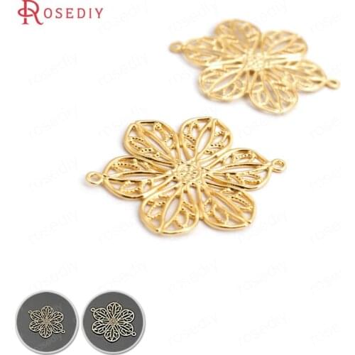 35019)20PCS 26x20MM 24K Gold Color Brass 2 Holes Decorative Flower Connect Charms High Quality Diy Accessories Jewelry Findings
