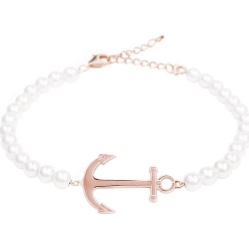 Runda 2020 Rose Gold Anchor Charms Bracelet for Women Stainless Steel Fashion Pearl Beaded Jewellery
