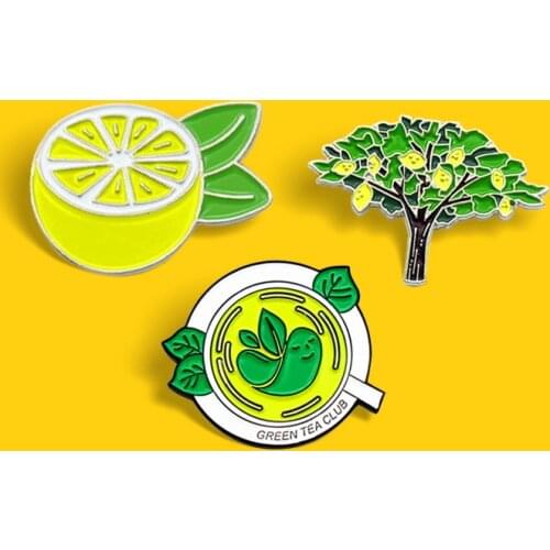 Lemon tree Green tea Enamel Pin Green tea club Brooches for Shirt Lapel Bag Fruit Badge Cartoon Jewelry Gift for Kids Friends
