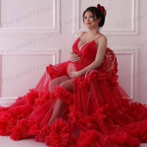 Grace Spaghetti Sweetheart Maternity Dresses Red Ruffles Sheer Tulle Pregnant Womens Photography Dress Party Robes Free Ship