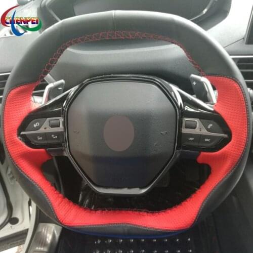 DIY Black Red Leather Car Steering Wheel Cover For Peugeot 3008 4008 5008 2016-2019 508 208 2019-2020 E-208 2020 Car Accessories