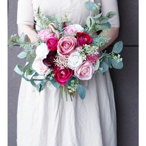 SESTHFAR 2021Fuchsia&Dusty Pink Bridal Flower Bouquet Mariage Vintage Rmo De Novia Artificial Wedding Bride Bouquet