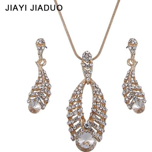Jiayijiaduo Fashion Wedding Women Jewelry Gold Color Necklace Earrings Sets Rhinestone Pendant For Party Costume Accessories