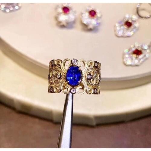 Natural blue sapphire gem Ring Natural gemstone ring S925 silver Luxurious ancient big wide Thick Man women party gift Jewelry