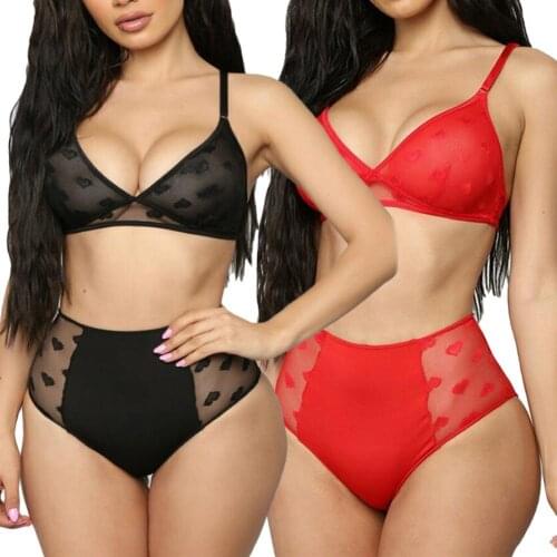 2pcs Sexy Women Lingeries Set See Through Heart Print Underwear Set Women No Pad Bra Brassiere Briefs Set Women Underwear Set