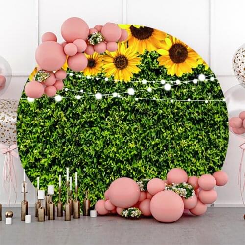 Laeacco Summer Green Plants Sunflowers Lights Carnival Birthday Party Round Photo Background Circle Backdrop Photo Studio Shoot