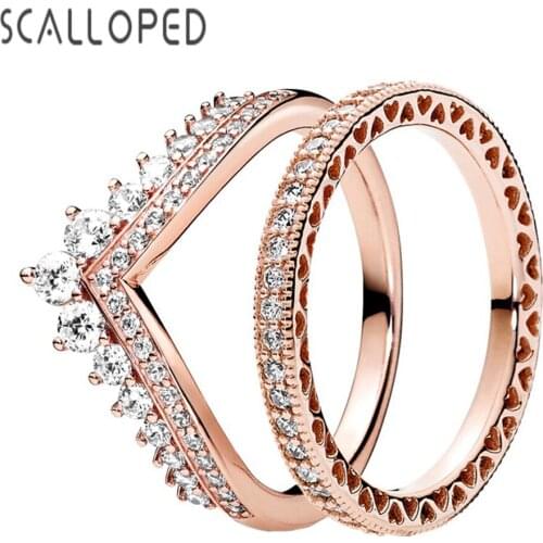 SCALLOPED Fashion Engagement Rings Set Princess Wishbone Crown Hollow Love Heart Sparkling Zircon Women Wedding Band Jewelry