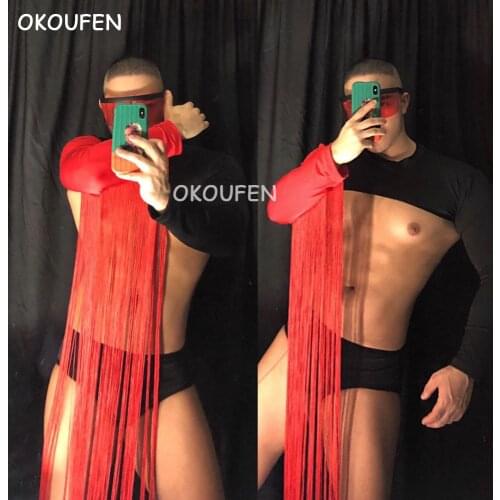 Nightclub bar male singer DJ DS splicing tassel party theme costume suit stage show dance wear