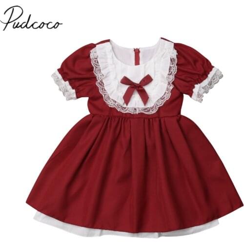 2019 Brand New Xmas Princess Gown Infant Kids Baby Girls Dress Bowknot Lace Red Knee-Length A-Line Dresses Outfit 0-5Y