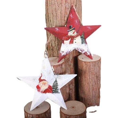 Xmas Hanging Pendant Santa Claus Snowman Pattern Iron Five Pointed Star Ornaments Christmas Decorations for Home Xmas Tree Decor