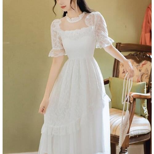 Dresses for Women 2021 French Retro Gentle Vestidos Hollow Lace Temperament Sweet First Love White Fairy Dress
