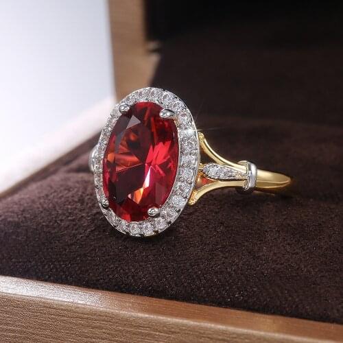 Luxury Womens Garnet Red Zircon Two-tone Engagement Ring Classical Womens Wedding Ball Ring Valentines Day Gift