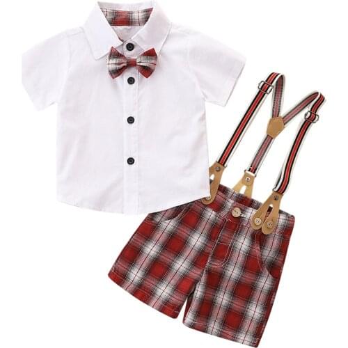 2021 Summer New Kids Boys Formal Suit Plaid Turn-Down Collar Bow Short Sleeve Shirt+Suspender Trousers for Toddler Infant Boys