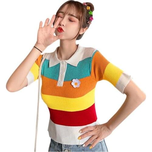 Womens T-shirt Turn-down Collar Contrast Color Striped Short Sleeve Summer Fresh Style Tee