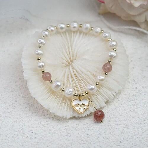 New Shell Love Heart Pendant Natural Freshwater Pearls Strawberry Crystal Beaded Bracelets for Women Fashion Jewelry YBR555