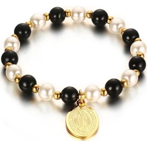 Top quality Gold-color exquisite beaded bracelet trendy 8MM stainless steel bracelet Virgin Mary tag women bijoux pulseras