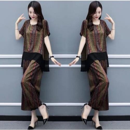 2021 Summer New Women Fashion Loose Printing Set Short Sleeve O-neck Top + High Waist Wide Leg Pants Two-piece Suit M-4XL Y712