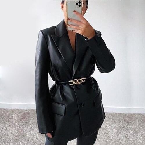 Autumn Winter Fashion Faux Leather Blazer Black Single Breasted Leatherette Long Outwear Fall Jacket for Women 2020 Clothes Coat