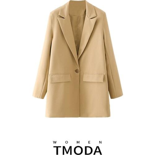 TMODA331 Women 2020 Fashion Office Wear Single Button Yellow Blazer Coat Vintage Long Sleeve Pockets Female Outerwear Chic Tops