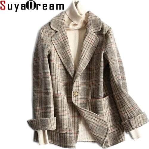 Women Wool Blazer 80%Wool 20%Poly Plaid Office Lady Blazer Single Button Two Pocket Jackets 2020 Autumn Winter Wool Coat