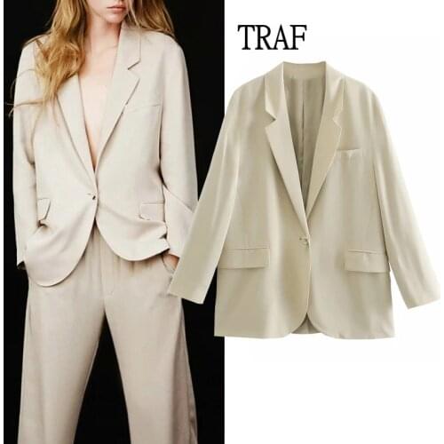 TRAF Za Women Blazer 2021 Vintage Loose Long Sleeve Coat Female Office Elegant Jacket Oversize Casual Woman Clothes Blazer Mujer