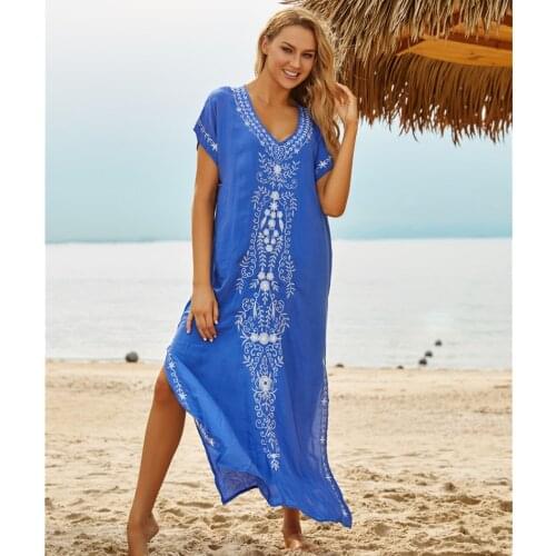 Bohemian Printed Summer Women Beachwear Kaftan Cover-ups Beach Dress Cotton Tunic Swim Wear Cover Up Robe de plage