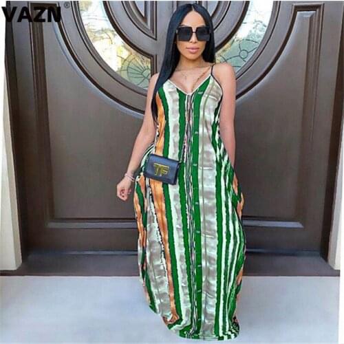 VAZN 2020 Summer Latests Style Hot Vintage Free Sexy Joker Sleeveless Spaghetti Strap Top Women Nature Loose Maxi Dress