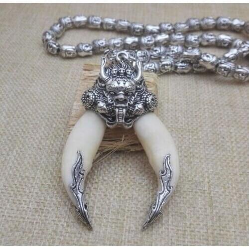 Wolf Tooth Double Tooth Dragon Head Pendant Necklace Safe And Good Luck Exorcise Evil Spirits Small Buddha Head Beads Statue