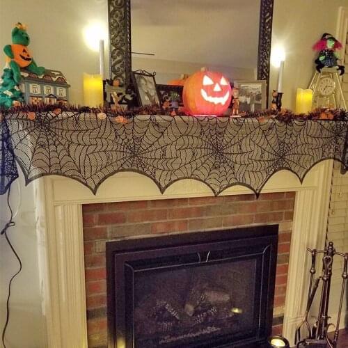 1pc Halloween Black Lace Spider Web Tablecloth Rectangle Fireplace Scarf Cover Lampshade for Home Event Party Decor Supplies