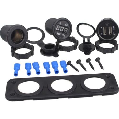 3 in 1 Panel Car Motorcycle Dual USB Chargers + 12V Voltmeter + Cigarette Lighter Port