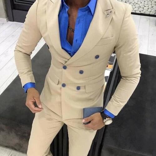 Beige Slim Fit Men Suits with Double Breasted Peaked Lapel Groom Tuxedo for Wedding Custom Male Fashion 2 Piece Jacket Pants