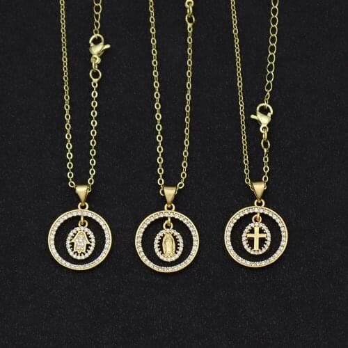 CZ Stone Jesus Cross Circle Pendants Necklace collier main de fatma Gold Color Virgin Mary Necklace Women virgen de guadalupe