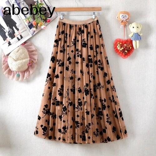 Flocking Floral Maxi Tutu Tulle Skirt Women Fashion 2021 Summer Casual Mesh A Line High Waist Pleated Long Skirt Female