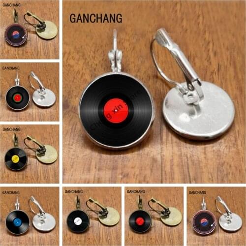 Classic music record record glass round photo convex round earrings
