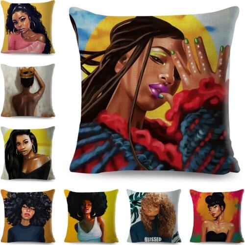Beautiful Black Women Pillow Case Decor Colorful Cartoon Africa Girl Cushion Cover for Sofa Car Home Polyester Pillowcase 45x45