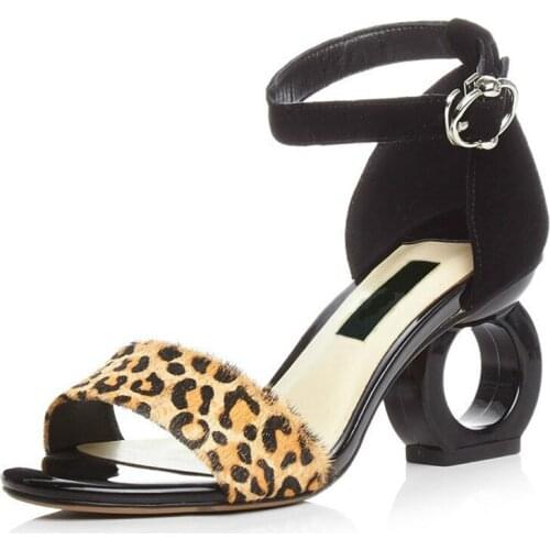 Leopard Sheepskin Fashion Brands Sandals Horse Hair Strange Style Buckle Strap Party Pumps Yellow Sexy Ankle Strap Woman Shoes