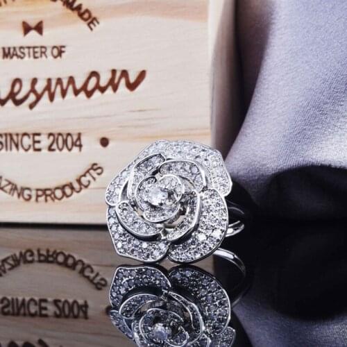 Fashion Exquisite Camellia Jewelry Inlay Shiny AAA Zircon Romantic Elegant Adjustable Size Ring For Women Wedding Accessories