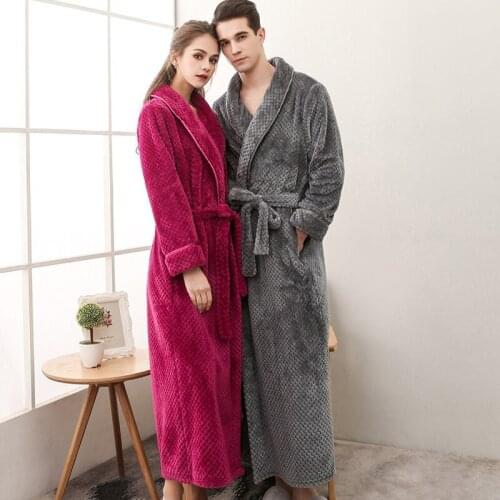 Solid Women Robe Nightgown Thick Warm Flannel Couple Robes Coral Fleece Casual Girl Bathrobe Long Sleepwear Oversized Pajamas