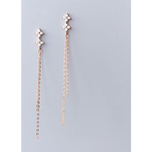 Authentic Real 100% 925 Sterling Silver fine Jewelry Flower &Chain with White Zirconia AAA+ Tassel Earrings Long GTLE2546