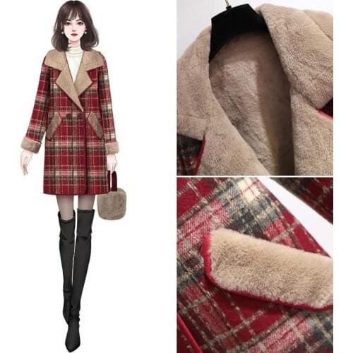 New autumn and winter plaid woolen coat womens one-piece mid-length popular fashion woolen coat for small men and all-match