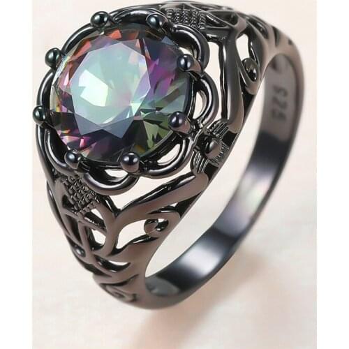 Punk Female Rainbow Round Crystal Ring Charm 14KT Black Gold Big Wedding Rings For Women Luxury Hollow Flower Engagement Ring