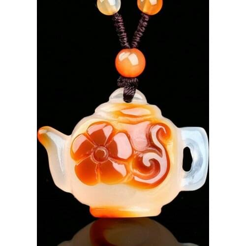 Superb Agate carnelian Pendant Carven teapot shape Amulet Mala bead necklace mascot