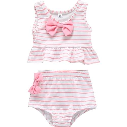 Split Swimsuit Cotton 2PCS Baby Girls Sets Swimming Bow Stripes Bikini Beach Sandy Baby Girls Clothes Sleeveless Summer Solid
