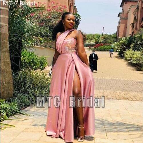 Pink One Shoulder Bridesmaid Dresses Long Satin Best Women Gowns For Black Girls High Slit Backless Sexy Maid Of Honor Dress