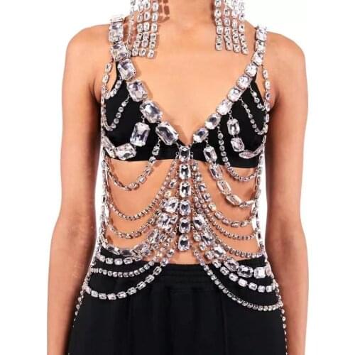 Full Rhinestone Sexy Erotic Bikini Body Chain Chest Chain Luxury Bling Crystal Bra Thong Set Nightclub Long Tassel Body Jewelry