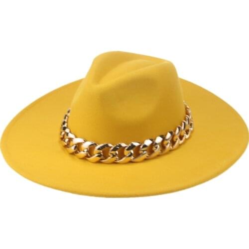 Fedora hats big brim 9.5cm thick gold chain band belt hats panama wide brim handmade luxury winter women hat gorros y sombreros