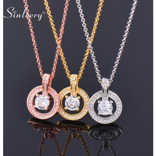 SINLEERY Classic Micro Paved Cubic Zirconia Hollow Round Necklace Pendants Women Silver Color Chain Jewelry XL054 SSO