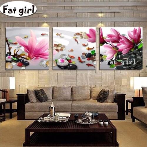 Triptych 5D DIY Diamond Painting Embroidery Pink Magnolia Flower Spa Zen Stone Koi Decor Full Square Round Mosaic Art Painting
